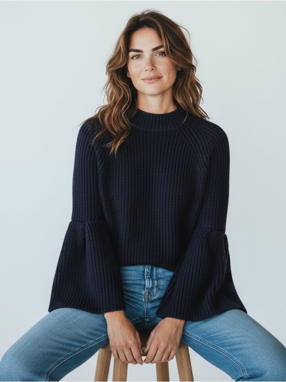 Joie Wool + Cashmere Navy Ribbed Bell-Sleeve Turtleneck Sweater